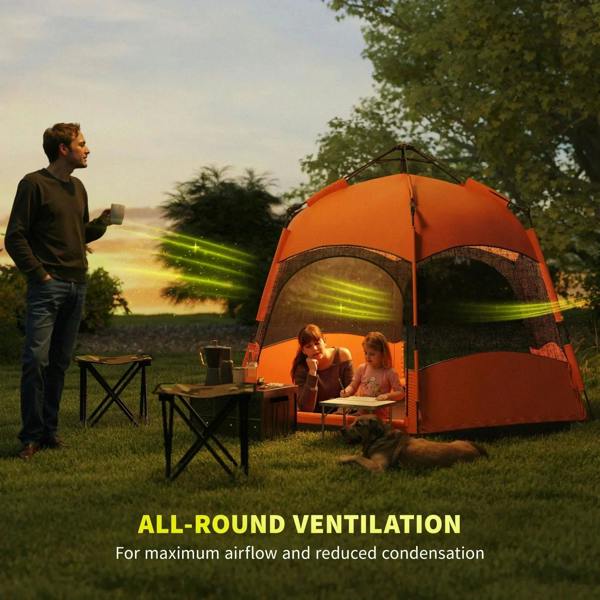 Orange hexagon camping tent with arched front entrances and interior seating view