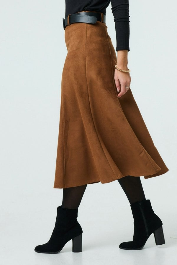 Brown | Belt Detail A-Line Midi Skirt