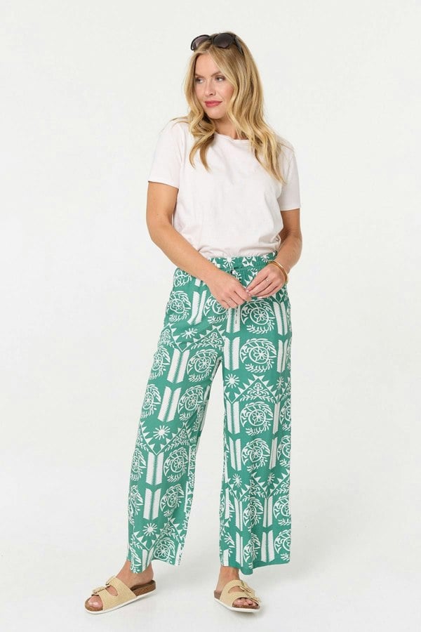 Green | Printed High Waist Wide Crop Trousers
