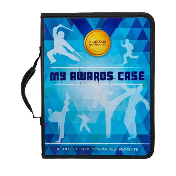 Blue karate proud moments medal case with martial arts silhouettes