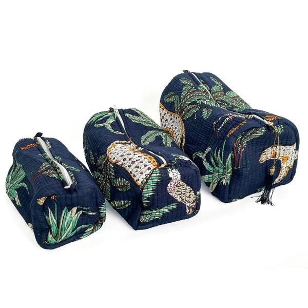 Hayley & Co Jungle Print Cotton Washbag, Make Up Bag, Pencil Case with Waterproof Lining - Jungle Animal Print in Navy Blue