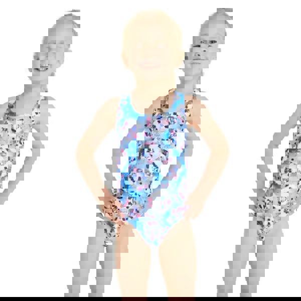 Blue Zoggs Tots Girls Party Panda Actionback tie-dye leotard with peace sign