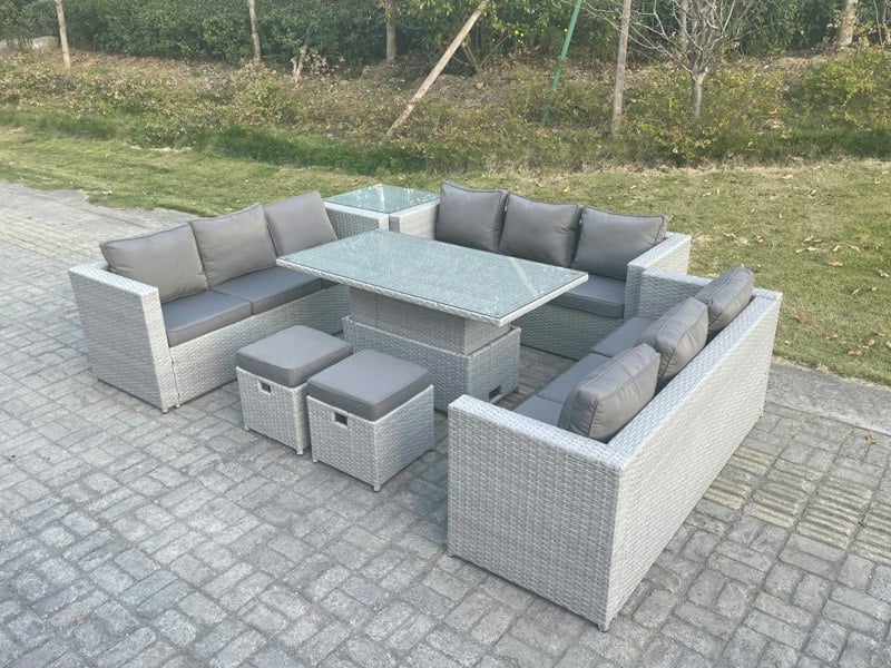 Fimous U Shape Lounge Rattan Garden Furniture Set Adjustable Rising Lifting Table Dining Set With Side Coffee Tea Table Stool
