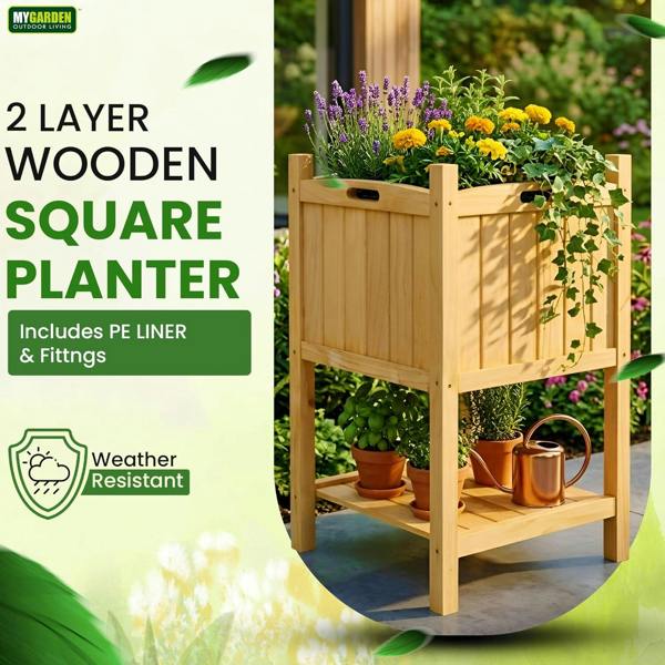 My Garden Outdoor Living My Garden Planter with Storage Shelf & PE Liner – 50 x 50 x 85cm Free Standing Square Wooden Planter for Indoor & Outdoor