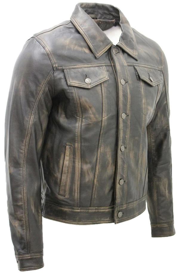 Infinity Leather Mens Trucker Slim Fit Leather Shirt Jeans Jacket
