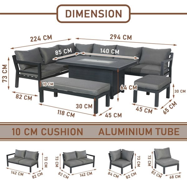 Furniture One Outdoor Gas Fire Pit 8 Seater Dining Table Set, Corner Sofa with Soft Cushions & 2 Benches