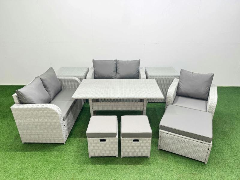 Fimous High Back Poly Rattan Garden Furniture Set, Reclining Chair, Loveseat, Dining Table, Indoor Outdoor, 3 Stools, 2 Side Table, Light Grey