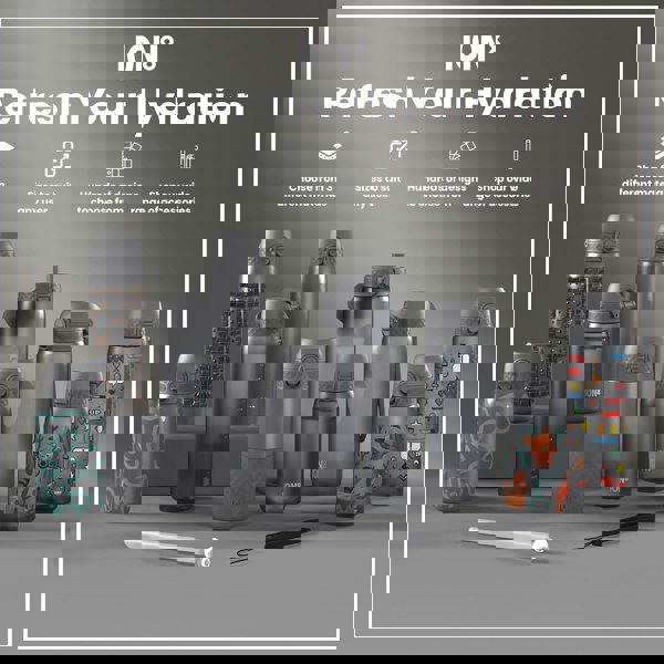 Several ION8 water bottles, various sizes and designs, are displayed on a gray surface; accessories are also shown. Choose from 3 different materials, sizes to suit any user, hundreds of designs, and a wide range of accessories.