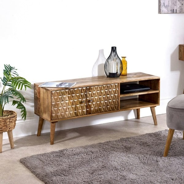 IH Design Zenon Light Mango Wood TV Stand with 2 Doors & 2 Shelves