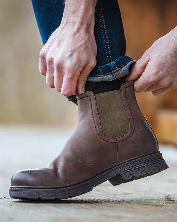 Man wearing Hoggs of Fife Delmany Dealer Boot with jeans ideal for everyday wear