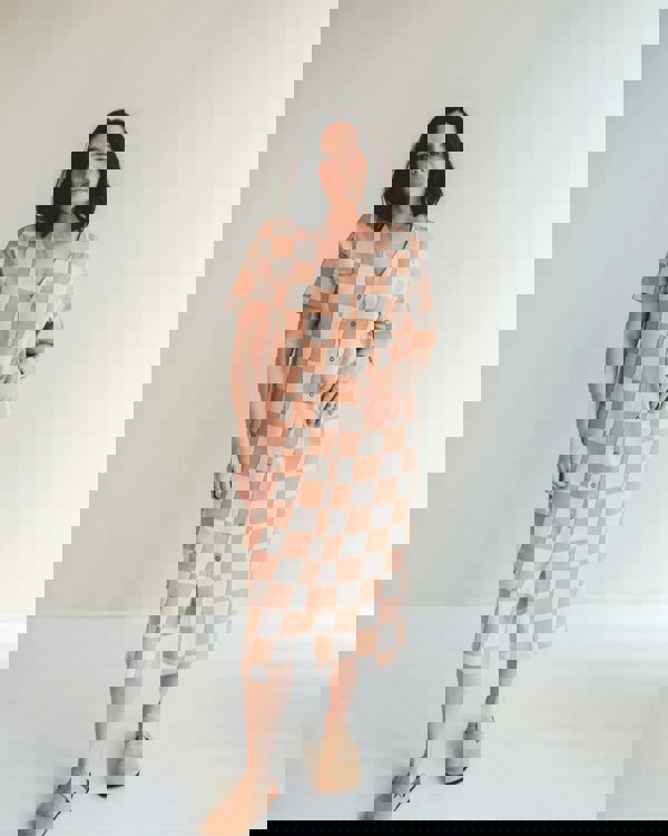 Eden Orange Bold Check Print Midi Dress- image 1