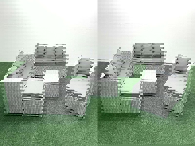 Fimous Wicker PE Rattan Sofa Garden Furniture Set with Armchair Square Coffee Table 2 Big Footstools Light Grey Mixed