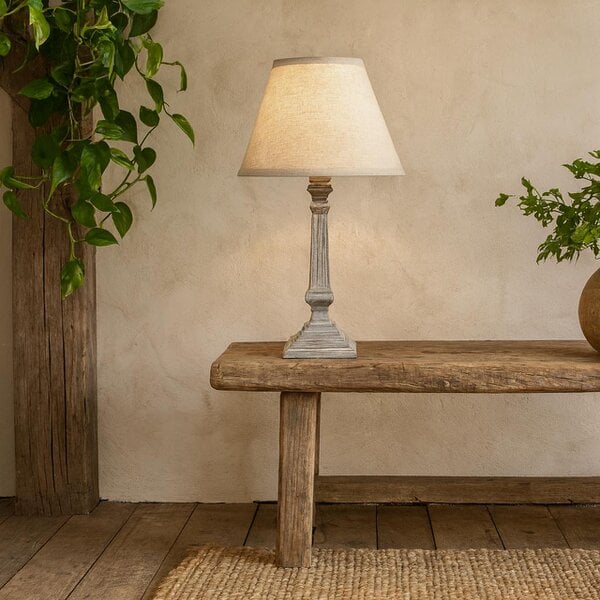 Wyld Haus Collioure White Washed Wooden Pedestal Table Lamp With Cream Linen Shade