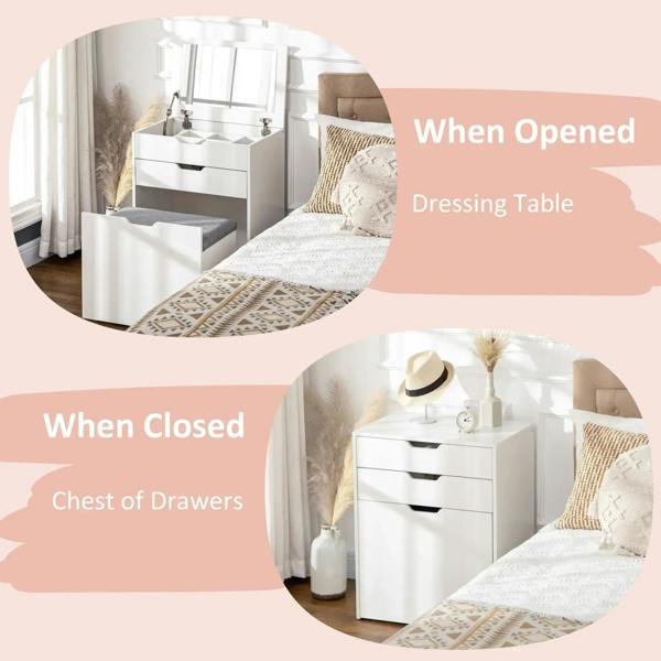 White vanity table with flip-up top and gray cushioned storage stool beside it