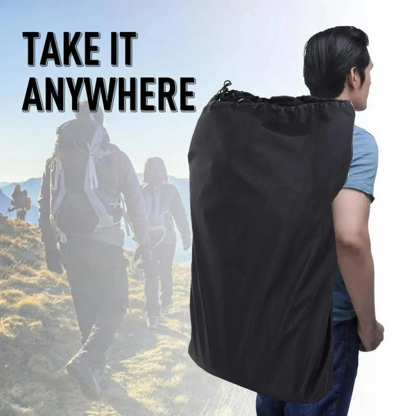 Black carry bag for folding bench with cinched top and carrying handle