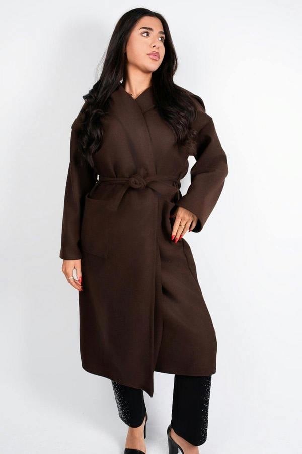 Vionna Hooded Longline Belted Wrap Coat - Brown