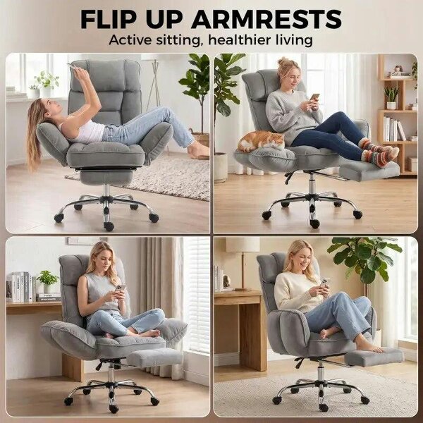 Executive Office Chair Height Adjustable Desk Chair Reclining Flip-up Armrest Footrest, Grey