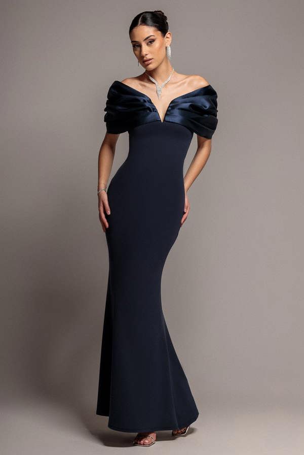 Satin Plunge Neck Bardot Scuba Maxi Dress - Navy Blue DR5040