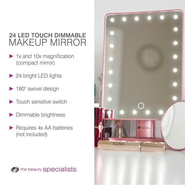 The Rio Rose Gold 24 LED Makeup Mirror features touch controls, dimmable brightness, 180° swivel, a mini removable 10X magnifying mirror, and runs on AA batteries—a perfect vanity addition.