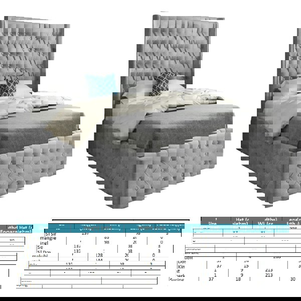 Casa Magna Turin Straight Winged Upholstered Soft Velvet Bed Frame - Grey