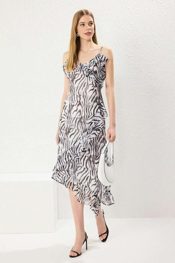 WOVCOR Floral Ruffled A-Line Lined Chiffon Woven Maxi Dress