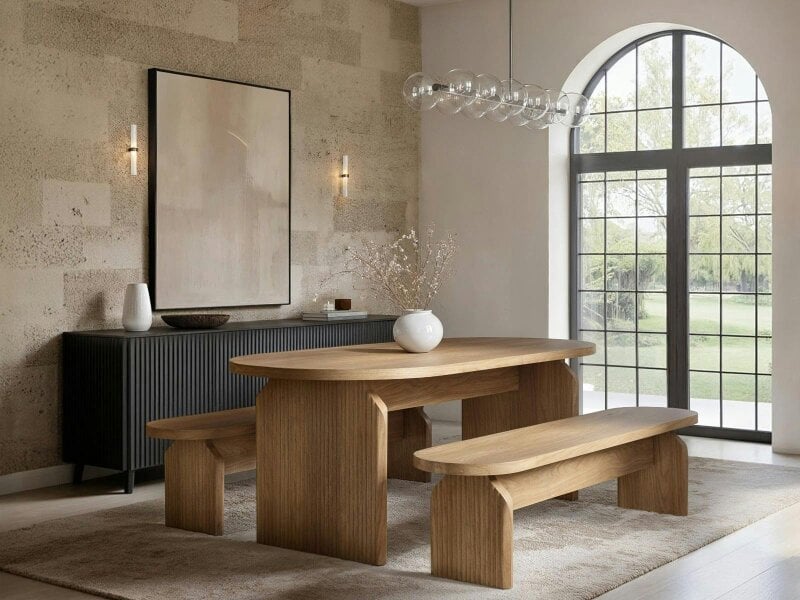 SOLACE+CO Varm Wooden Ribbed Dining Table With Bench Set Oak