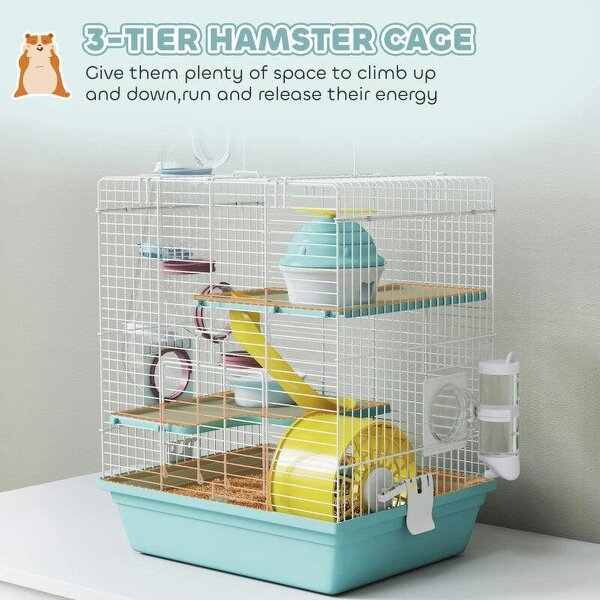 3-Level Hamster Cage with Exercise Wheel, Water Bottle, Food Bowl, for Dwarf Hamsters, 34.5 x 27.5 x 41 cm, Blue