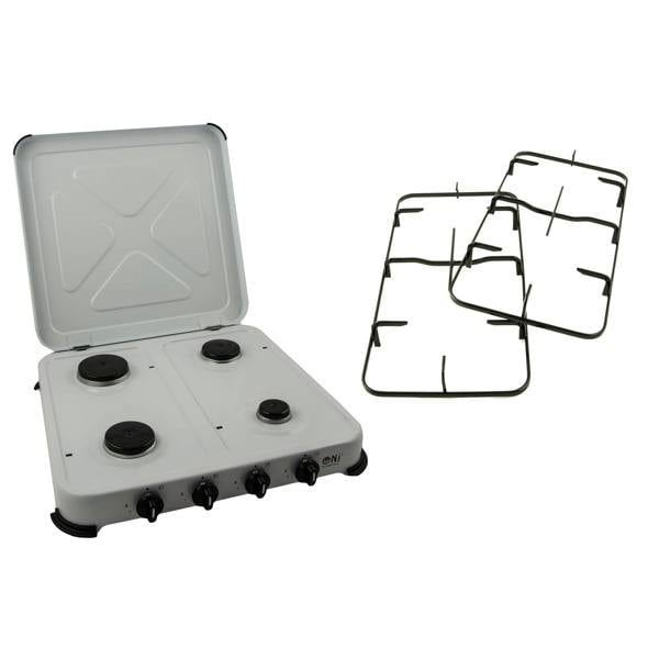 Portable stove with four burners and removable pan supports