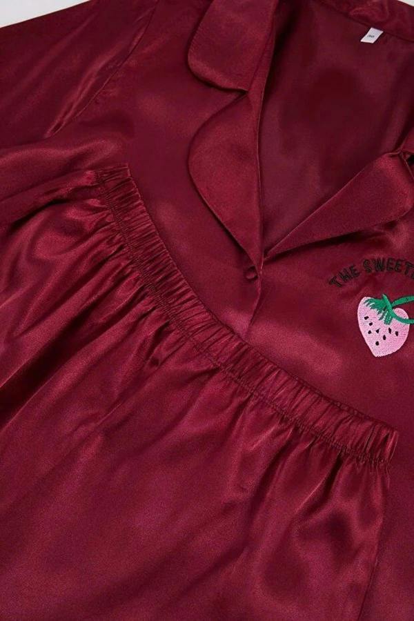 WOVCOR 2-Piece Woven Satin Pajama Set with Strawberry and Slogan Embroidery