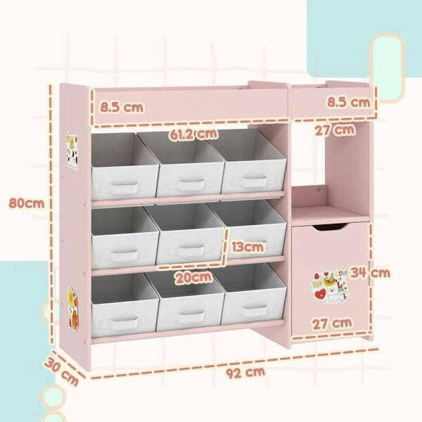 Bobobiy Kids Toy Storage, 9 Removable Fabric Bins, Wooden Toy Storage Units for Toys and Books for Bedroom, Nursery, Pink