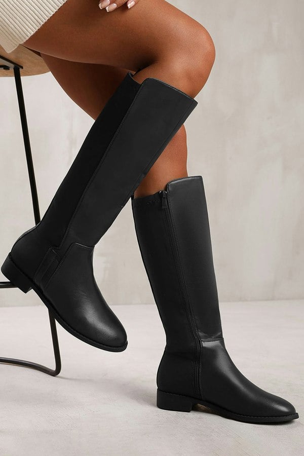 Where's That From Shiloh Knee High Boots With Side Zip in Black Faux Leather