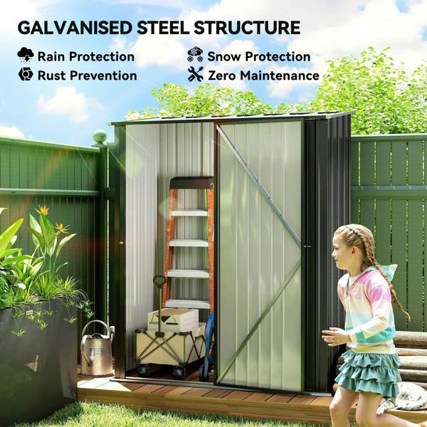 Black corrugated steel garden shed with double doors open and interior storage