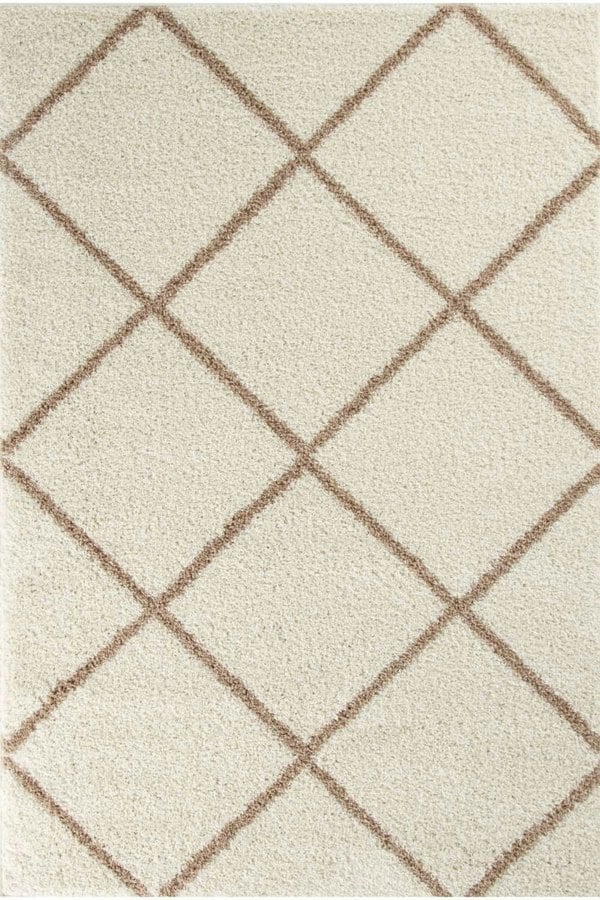 Diamond Design Thick Shaggy Area Rugs Ivory Beige