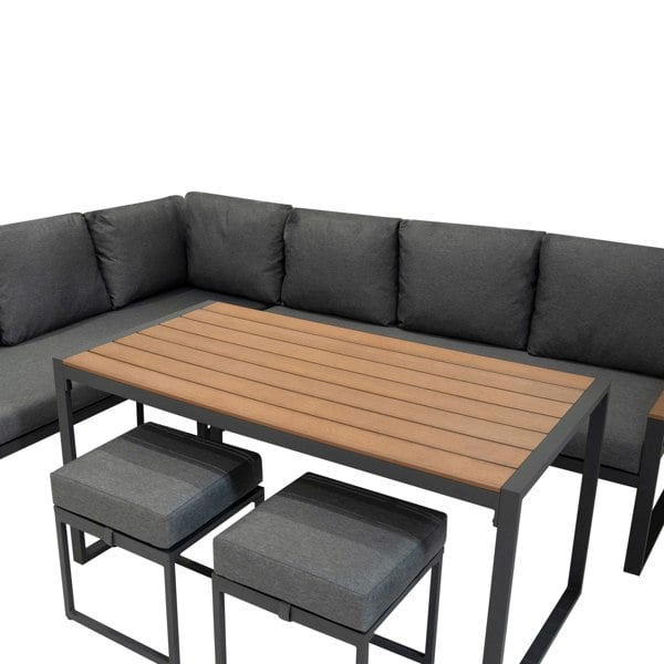 Jardi Aluminium Corner Sofa Set With Black Rattan Storage Box - Wood Effect