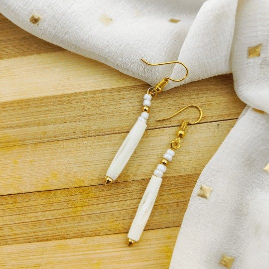 The Colourful Aura Long Pipe Slim Shell Lightweight Minimalist Beach Dainty White Drop Hook Earring