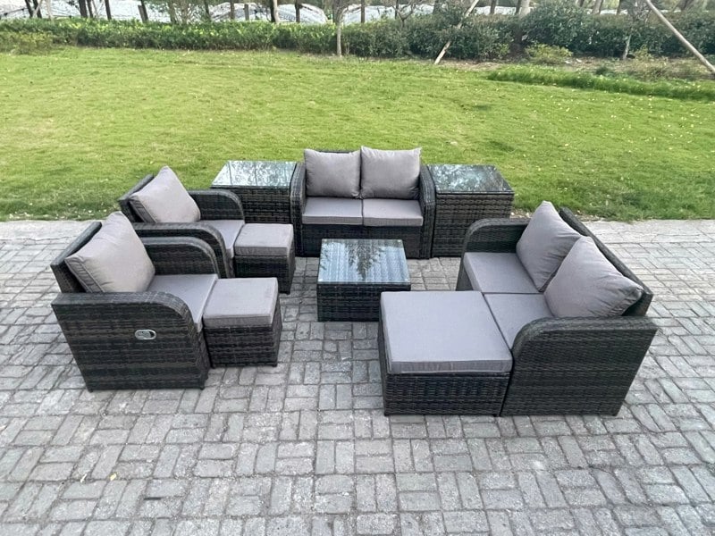 Fimous Garden Furniture Set Rattan Outdoor Lounge Sofa Chair With Tempered Glass Table 3 Footstools 2 Side Tables Dark Grey Mixed