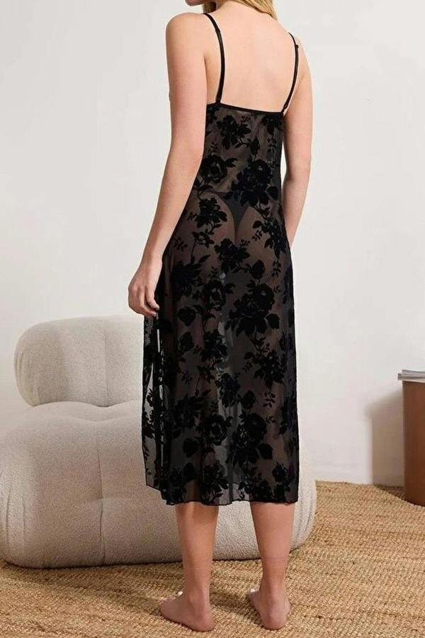 WOVCOR Slit Floral Tulle Knit Nightdress