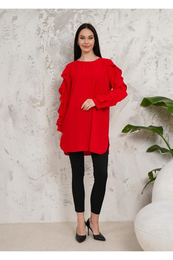 Hoxton Gal Oversized Long Ruffle Sleeve Relaxed Fit Tunic in Red