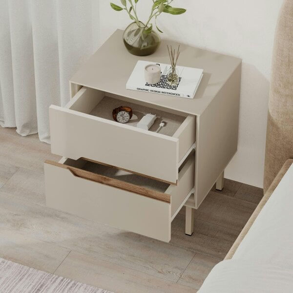 Decortie Arch 2 Drawer Bedside Table Sandstone Whiskey Oak 45 x 35 x 52.5 cm (Sandstone and Whiskey Oak)