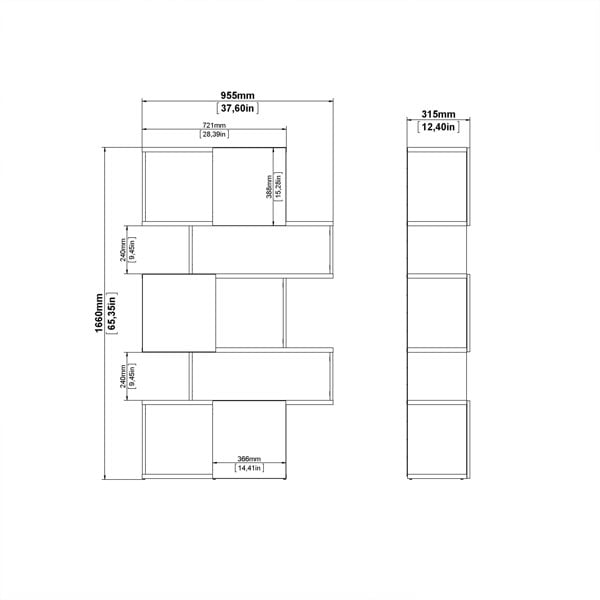 Furniture To Go Maze Asymmetrical Bookcase with 3 Doors in Jackson Hickory and White High Gloss