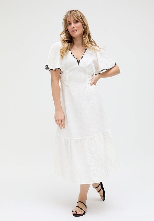 Raffya Delilah V-Neck Front Tie Midi Dress In White