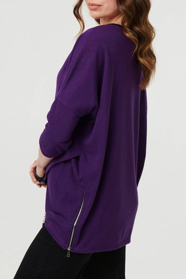 Purple | Asymmetric Zip Hem 3/4 Sleeve Tunic Top
