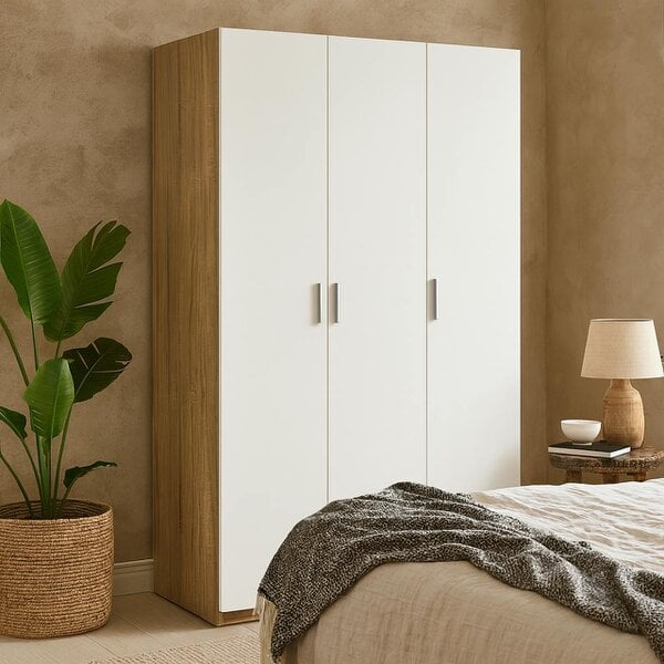 Wyld Haus Daejeon White and Natural Oak Effect Wooden Wardrobe 3 Doors