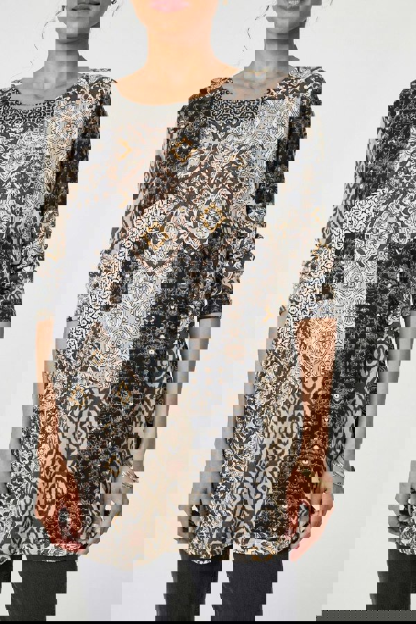 Beige | Patchwork Print Long Sleeve Scoop Neck Tunic
