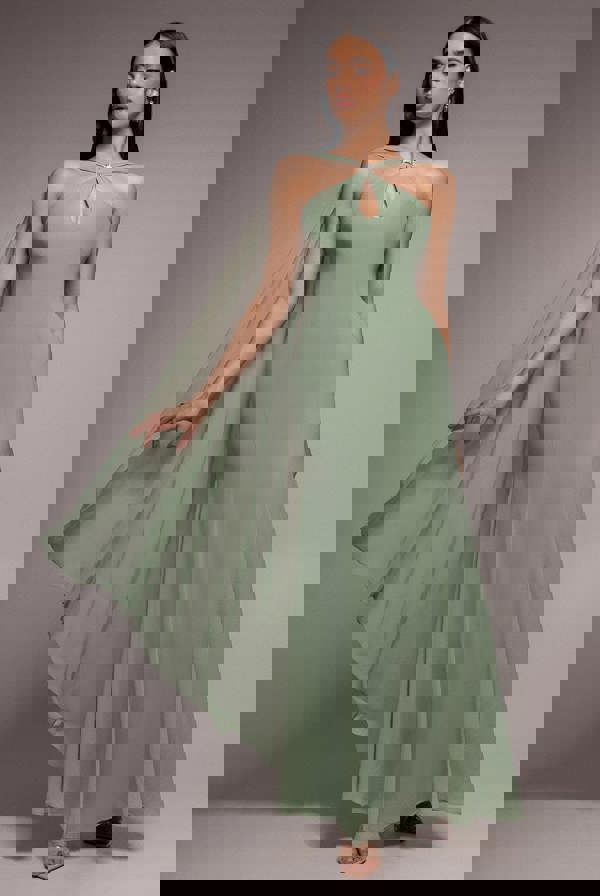 Multiway Cape Chiffon With Embellished Trim Maxi Dress - Sage Green DR4924