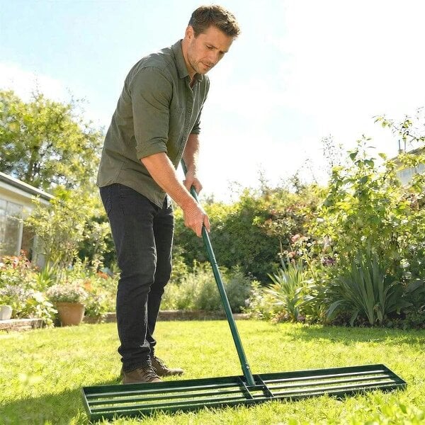 Lawn Levelling Rake, 113 x 26 cm Lawn Leveller Lute with 169 cm Handle for Grass Soil Sand Yard Golf Course - Green