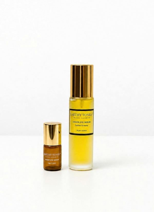 Earthy Tones 9 Two bottles of under eye serum in 10ml & 2 ml on a white background