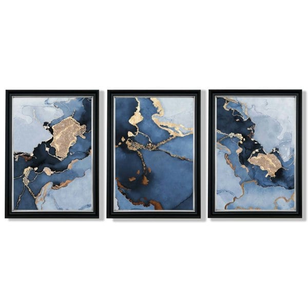 Artze Wall Art Framed Set of 3 Abstract Art Prints of Paintings Navy Blue and Gold