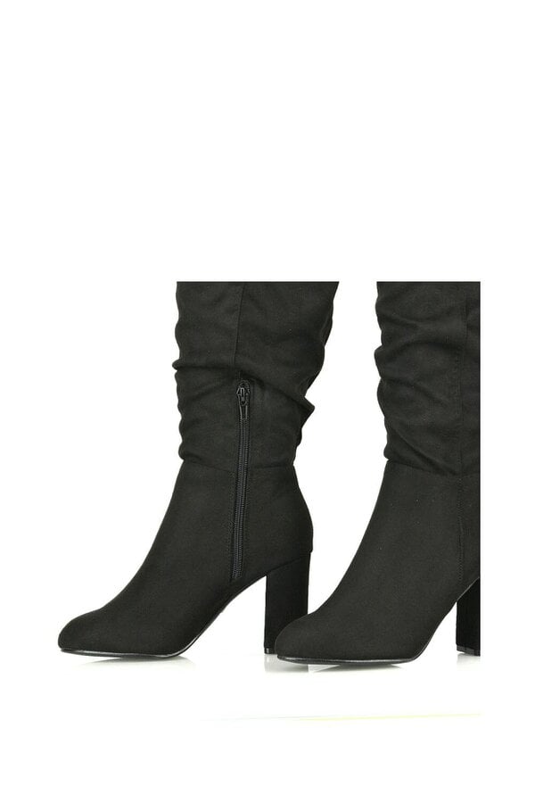 XY LONDON Ruched Zip-up Block Heeled Knee Calf Boots