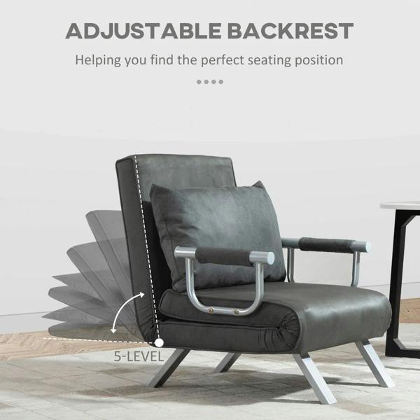 Grey chair bed with adjustable backrest and silver armrest handles